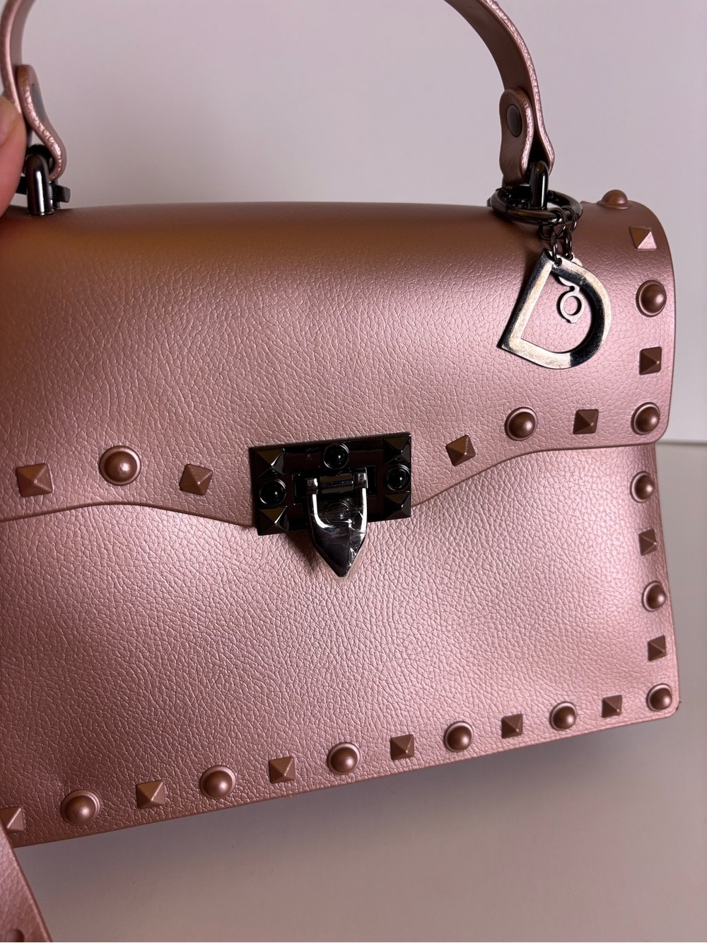 Studded Metallic Rose Rivet Crossbody Top Handel Faux Leather Unlined Handbag - Picture 7 of 9